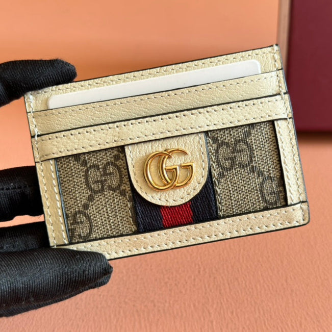 Gucci Ophidia Card Holder Wallet Beige Ebony Canvas Leather 239964