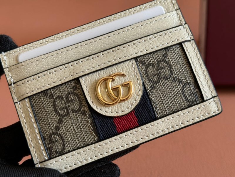 Gucci Ophidia Card Holder Wallet Beige Ebony Canvas Leather 239964