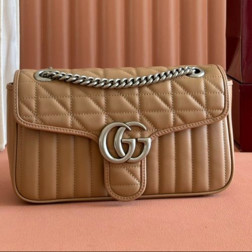 Gucci GG Marmont 26 Bag with Silver Hardware Beige Calfskin 248235