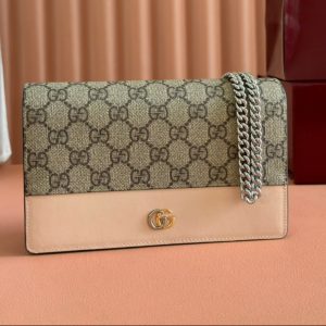 Gucci Marmont Chain Wallet Ebony mix Beige Leather Canvas 255315