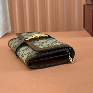 Gucci Jackie Chain Wallet Ebony Brown Canvas Leather 255174