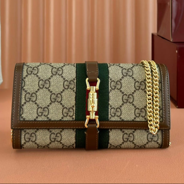 Gucci Jackie Chain Wallet Ebony Brown Canvas Leather 255174