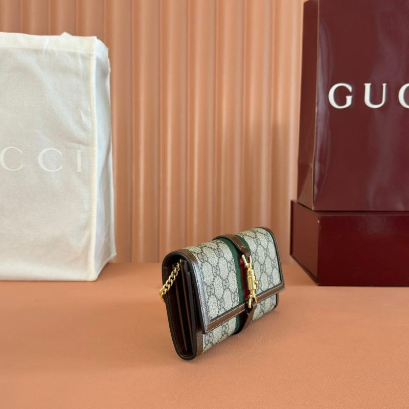 Gucci Jackie Chain Wallet Ebony Brown Canvas Leather 255174