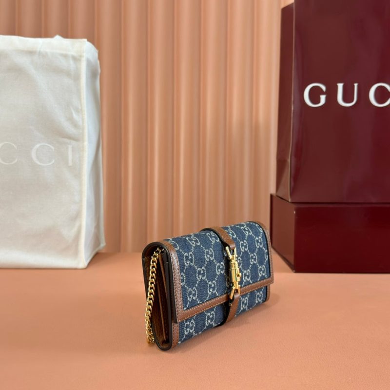 Gucci Jackie Chain Wallet Blue Brown Canvas Leather 255173