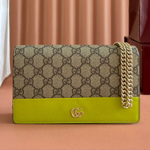Gucci Marmont Chain Wallet Ebony mix Light Green Canvas Leather 254942