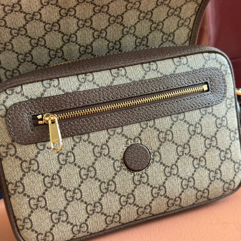 Ophidia Small Shoulder Bag 23cm Beige Brown Canvas Leather