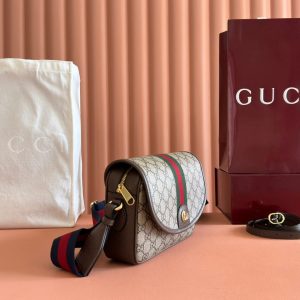 Ophidia Small Shoulder Bag 23cm Beige Brown Canvas Leather