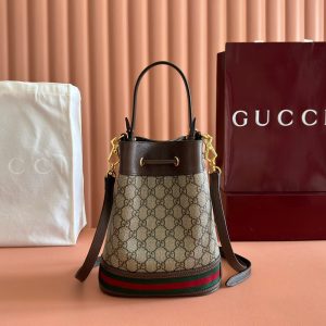 Ophidia Medium Bucket Bag 20.5cm Beige Brown Canvas Leather