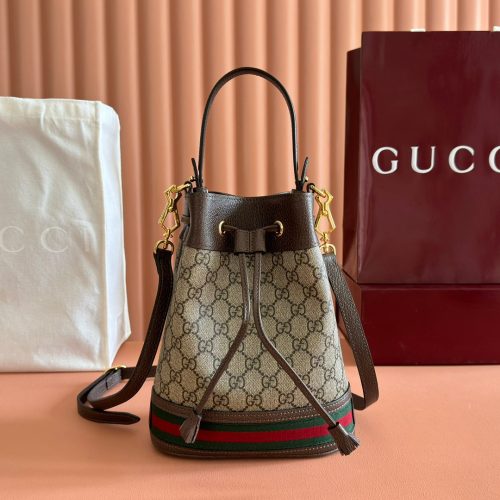 Ophidia Medium Bucket Bag 20.5cm Beige Brown Canvas Leather