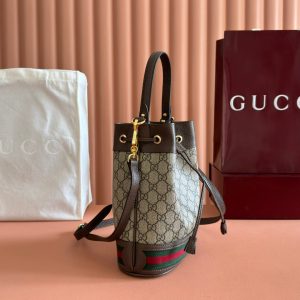 Ophidia Medium Bucket Bag 20.5cm Beige Brown Canvas Leather