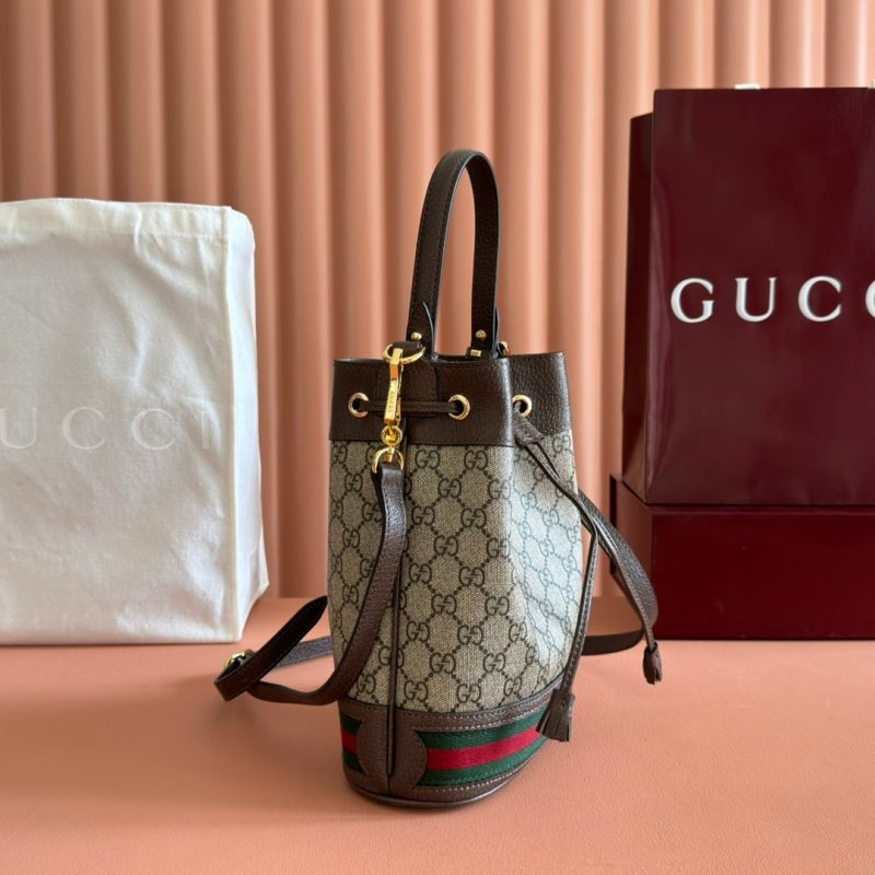 Ophidia Medium Bucket Bag 20.5cm Beige Brown Canvas Leather