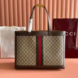GG 2025 Ophidia Tote Bag 44cm Ebony Brown Canvas Leather 273715