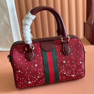 GG Ophidia Crystals Small Boston Bag 21cm Burgundy Canvas
