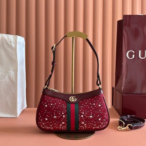 GG Ophidia Crystals Small Shoulder Bag 26cm Burgundy Canvas