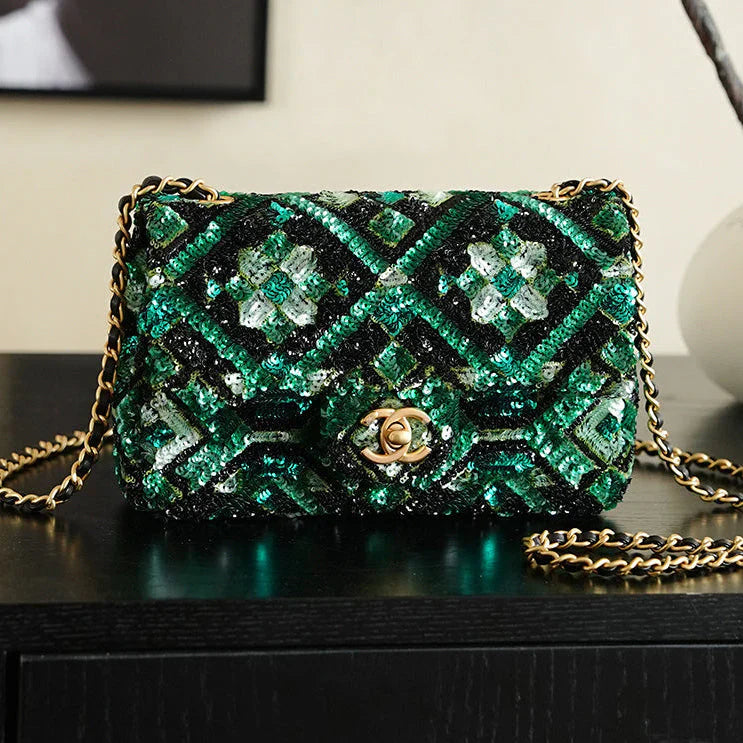 Chanel 2026 Flap Bag 20cm Green Mix Colors Sequin Leather