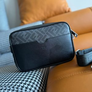CLUTCH 22 WITH FF MOTIF IN DARK GRAY TEXTURED FABRIC AND BLACK LAMBSKIN TRIM