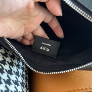 CLUTCH 22 WITH FF MOTIF IN DARK GRAY TEXTURED FABRIC AND BLACK LAMBSKIN TRIM