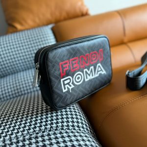 CLUTCH 22 WITH FF MOTIF IN DARK GRAY TEXTURED FABRIC AND BLACK LAMBSKIN TRIM