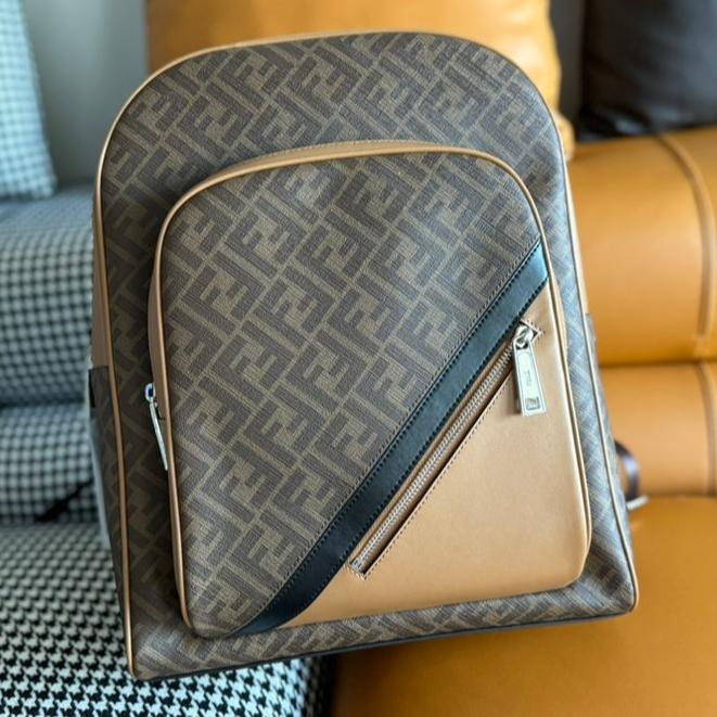 FendiI 44 MINI BACKPACK IN CAMEL BROWN MONOGRAM JACQUARD FABRIC AND CALFSKIN