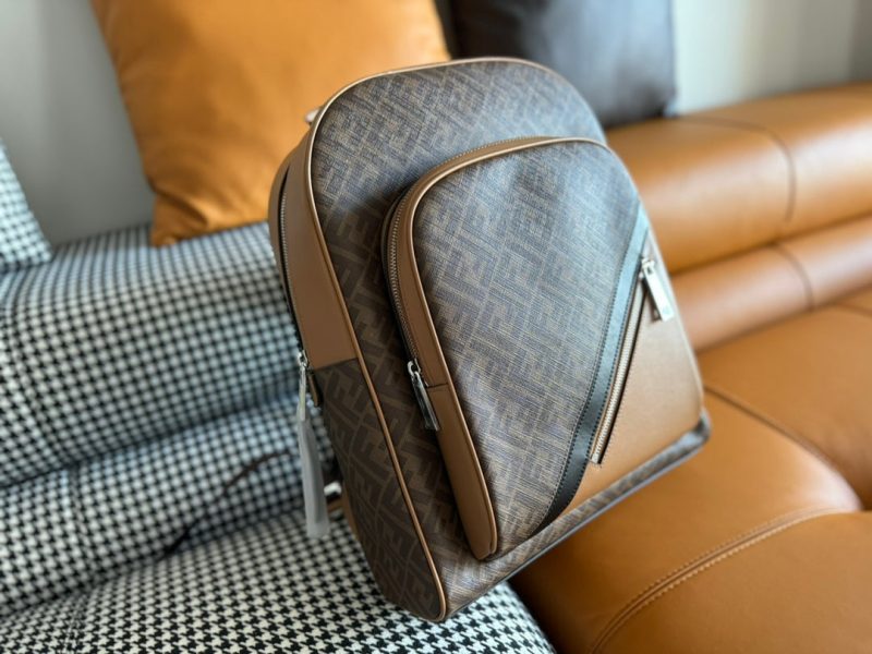 FendiI 44 MINI BACKPACK IN CAMEL BROWN MONOGRAM JACQUARD FABRIC AND CALFSKIN