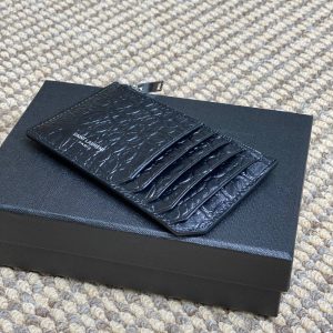 YSL Zip Card Case Black Croc Embossed Leather
