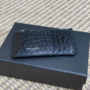 YSL Zip Card Case Black Croc Embossed Leather