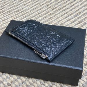 YSL Zip Card Case Black Croc Embossed Leather