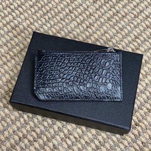 YSL Zip Card Case Black Croc Embossed Leather