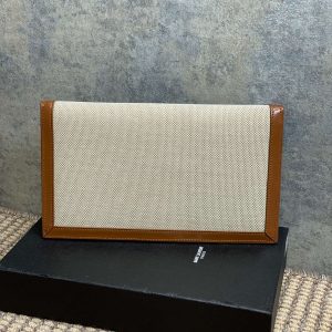 YSL 22s Uptown Pouch Clutch Bag Beige Brown Canvas GHW