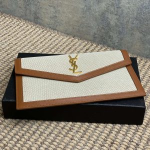 YSL 22s Uptown Pouch Clutch Bag Beige Brown Canvas GHW