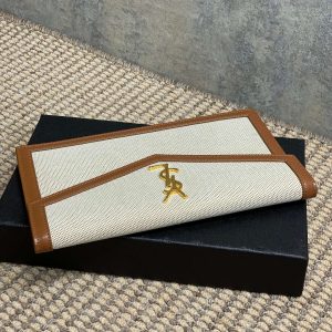 YSL 22s Uptown Pouch Clutch Bag Beige Brown Canvas GHW