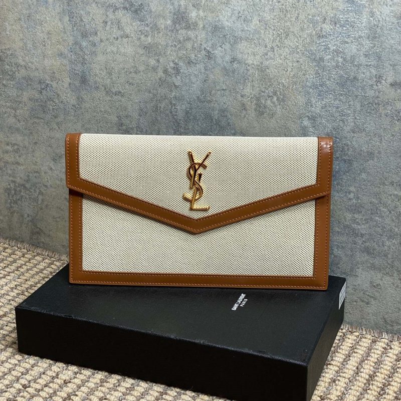 YSL 22s Uptown Pouch Clutch Bag Beige Brown Canvas GHW