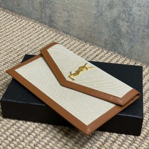 YSL 22s Uptown Pouch Clutch Bag Beige Brown Canvas GHW
