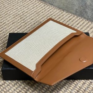 YSL 22s Uptown Pouch Clutch Bag Beige Brown Canvas GHW