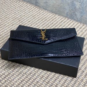 YSL 22s Uptown Pouch Clutch Bag Black Croc Embossed Leather GHW
