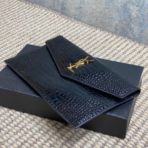 YSL 22s Uptown Pouch Clutch Bag Black Croc Embossed Leather GHW