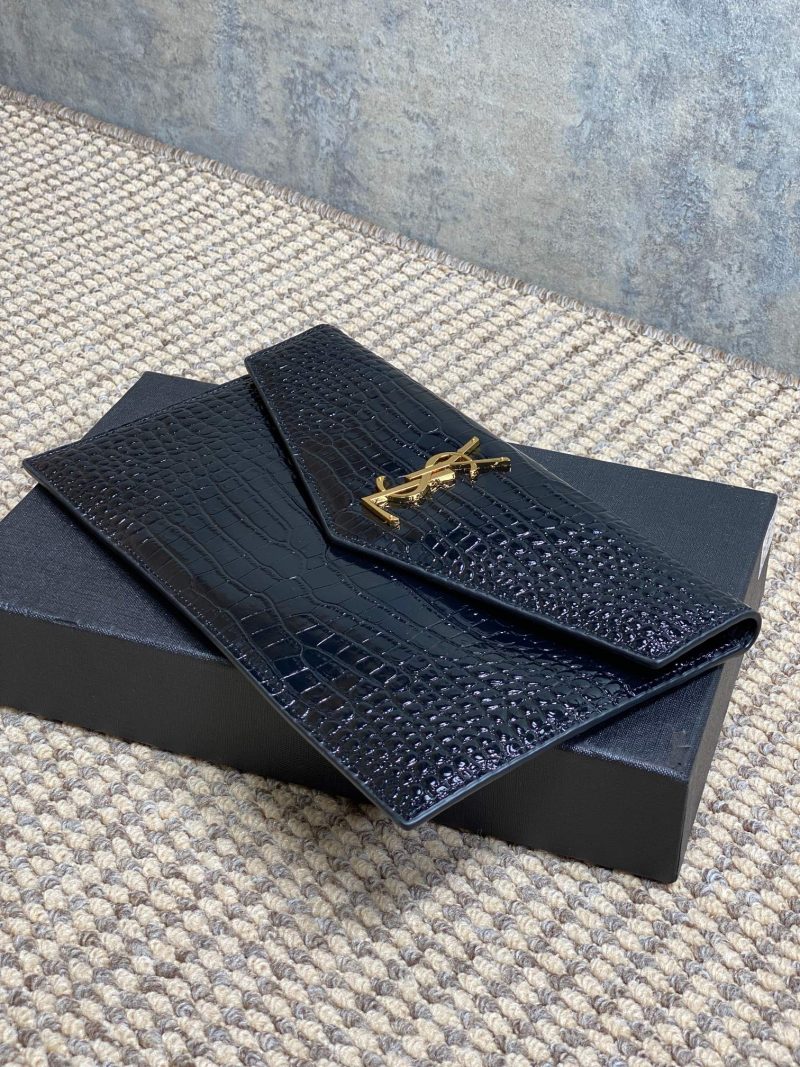 YSL 22s Uptown Pouch Clutch Bag Black Croc Embossed Leather GHW