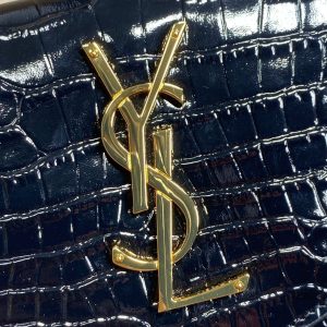 YSL 22s Uptown Pouch Clutch Bag Black Croc Embossed Leather GHW