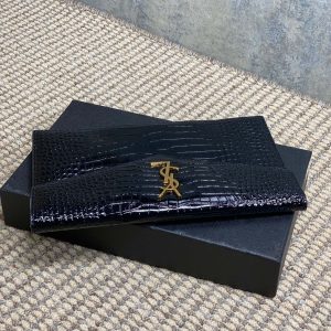 YSL 22s Uptown Pouch Clutch Bag Black Croc Embossed Leather GHW