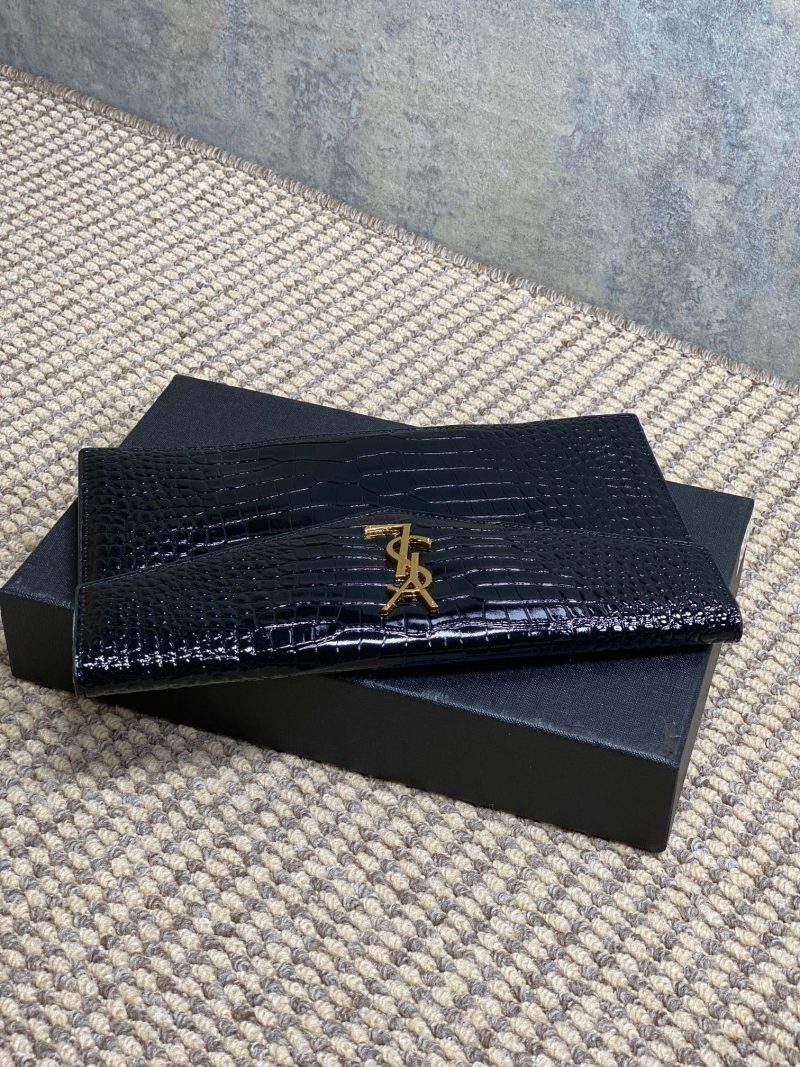 YSL 22s Uptown Pouch Clutch Bag Black Croc Embossed Leather GHW