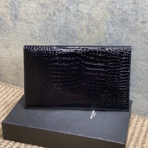 YSL 22s Uptown Pouch Clutch Bag Black Croc Embossed Leather GHW