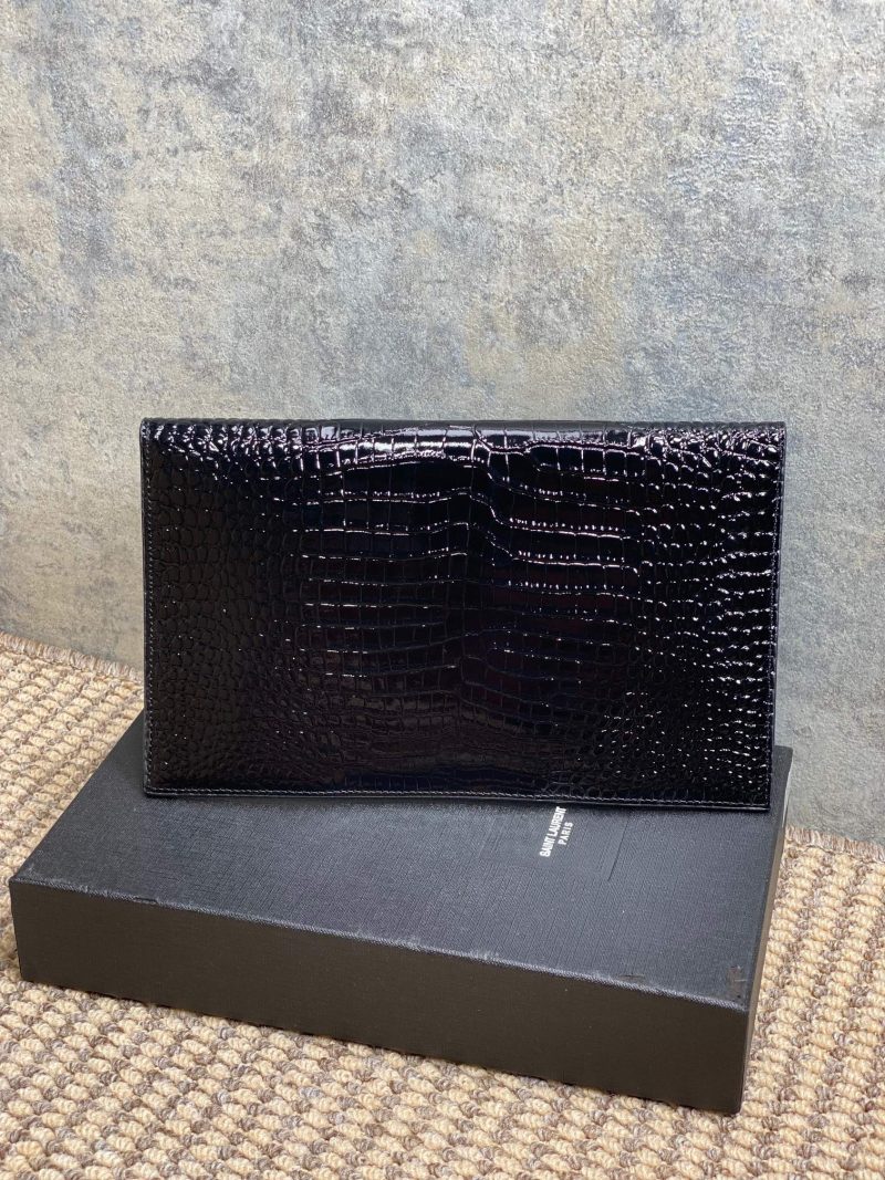YSL 22s Uptown Pouch Clutch Bag Black Croc Embossed Leather GHW