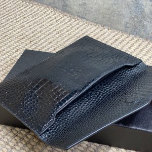 YSL 22s Uptown Pouch Clutch Bag Black Croc Embossed Leather GHW