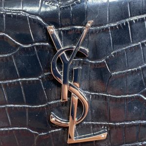YSL 22s Uptown Pouch Clutch Bag Black Croc Embossed Leather Sliver HW