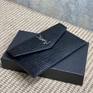 YSL 22s Uptown Pouch Clutch Bag Black Croc Embossed Leather Sliver HW