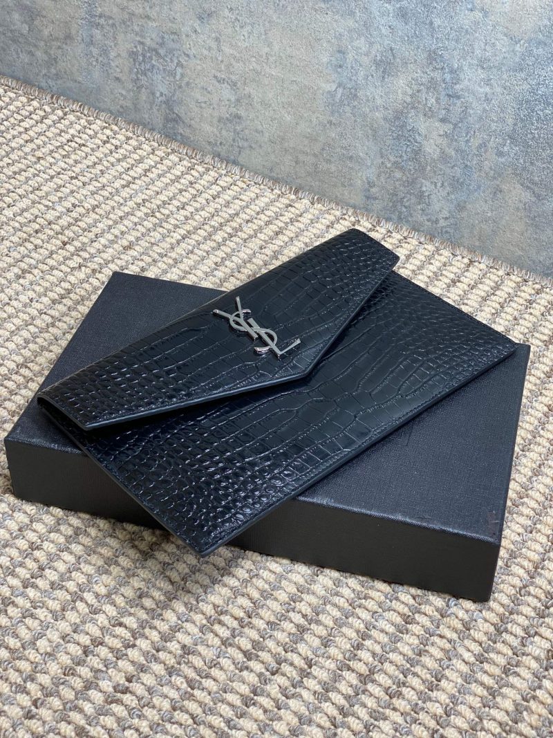 YSL 22s Uptown Pouch Clutch Bag Black Croc Embossed Leather Sliver HW