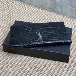 YSL 22s Uptown Pouch Clutch Bag Black Croc Embossed Leather Sliver HW
