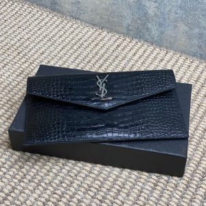 YSL 22s Uptown Pouch Clutch Bag Black Croc Embossed Leather Sliver HW