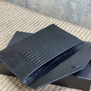 YSL 22s Uptown Pouch Clutch Bag Black Croc Embossed Leather Sliver HW