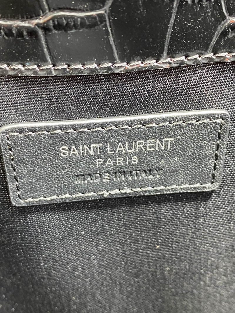 YSL 22s Uptown Pouch Clutch Bag Black Croc Embossed Leather Sliver HW